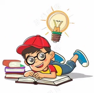 学习读书趴着看书的男孩思考脑洞灵感人物卡通插画免抠