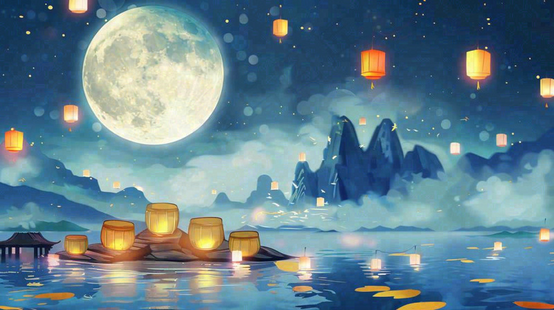 中秋河灯孔明灯中元节风景寒衣节黑夜中元节夜晚月亮唯美插画背景(1456x816)