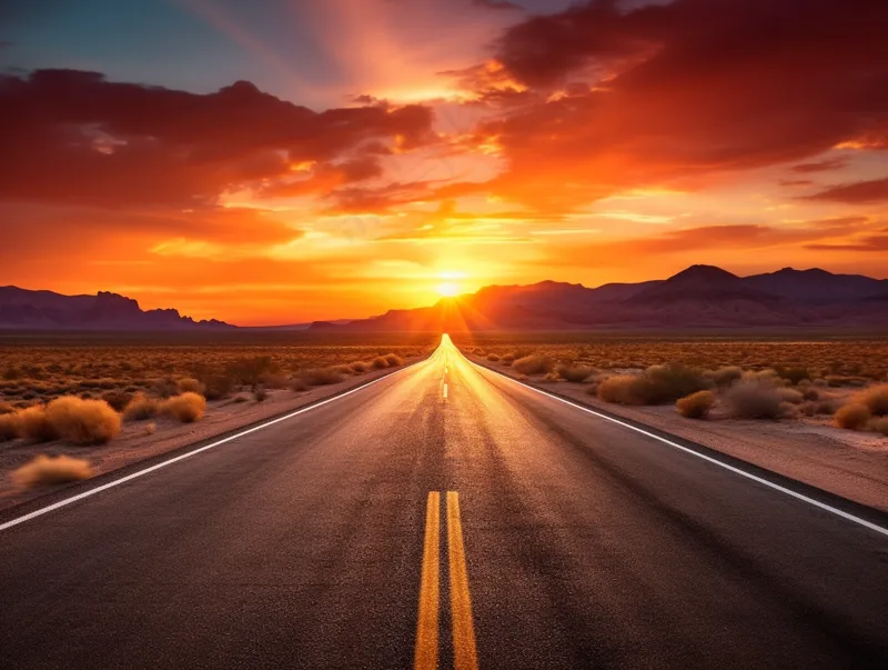 延绵的公路夕阳落日余晖晚霞摄影图(3696x2784)