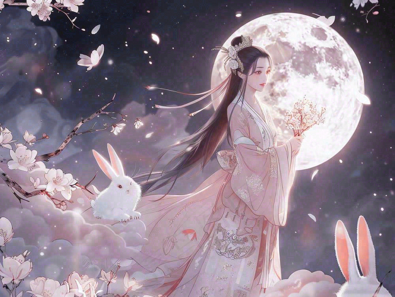 中秋节嫦娥玉兔月下嫦娥插图卡通唯美手绘古风插画背景(1232x928)