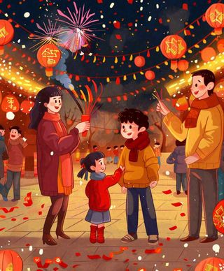 新年一家人游玩张灯结彩热闹喜庆放烟花街道小年除夕春节卡通插画背景