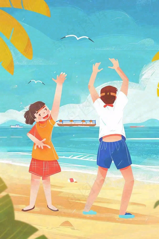 夏至海边沙滩度假玩乐小暑大暑节气插画背景(896x1344)