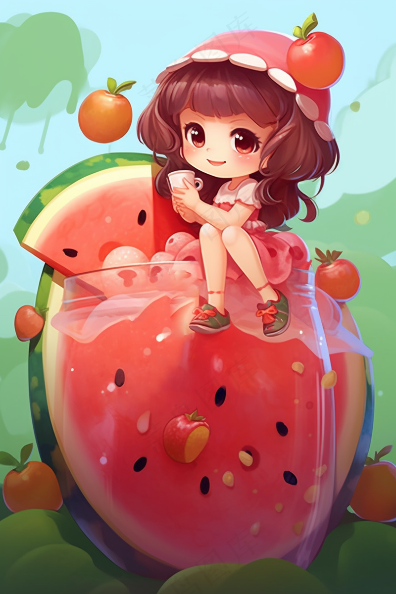 夏日冰西瓜汁刨冰饮料女孩坐着可爱卡通插画背景(2688x4032)