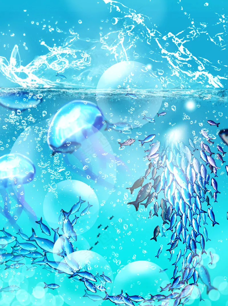 蓝色海洋深海鱼群背景psd模版下载