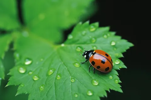绿叶上的七星瓢虫特写摄影图
