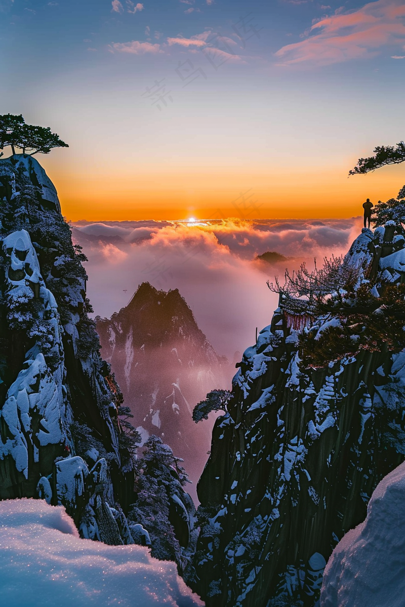 a person standing on top of a snow covered mountain, a picture by Reuben Tam, pexels contest winner, romanticism, the taoist temples of huangshan, sun rises between two mountains, mountain sunrise 