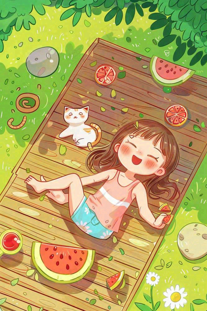 夏季乘凉吃西瓜场景女孩躺着庭院大暑小暑插画炎热插画背后(896x1344)