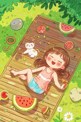夏季乘凉吃西瓜场景女孩躺着庭院大暑小暑插画炎热插画背后