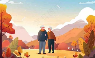 重阳节秋天黄昏老人户外游玩背影插画背景