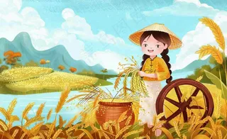 秋天秋分丰收节农民稻田稻穗粮食插画背景
