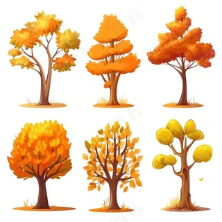 秋天黄了树木卡通插画元素免抠