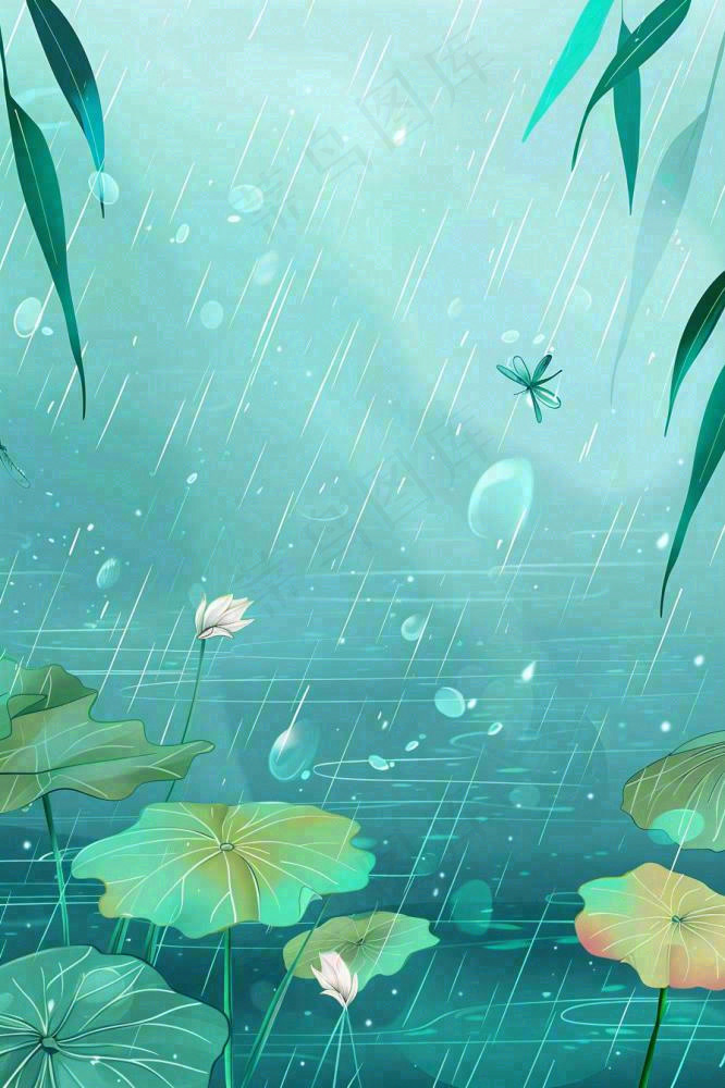 春天雨季池塘里的荷花蜻蜓雨水谷雨惊蛰卡通插画背景(896x1344)
