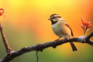 春天清晨小鸟站在枝头抽新芽摄影图