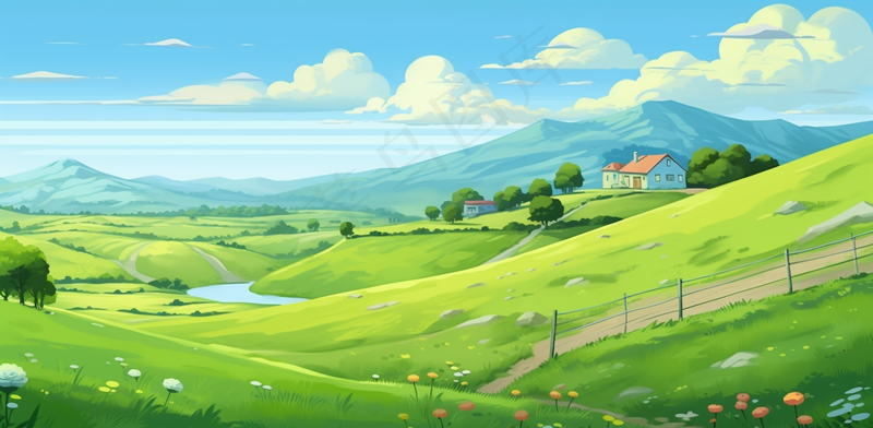 草原农庄大草原蓝天绿地卡通插画背景(4704x2304)