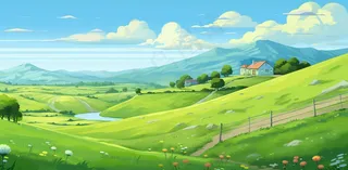 草原农庄大草原蓝天绿地卡通插画背景