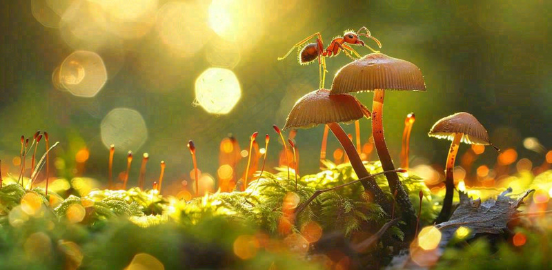 阳光下的蚂蚁蘑菇菌类阳光春天惊蛰春分摄影图(1568x768)