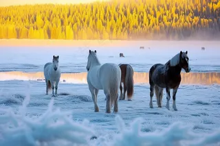 冬季白雪覆盖山体马动物放养摄影图