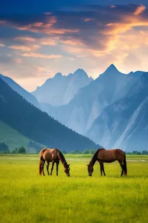 新疆美景骏马草原吃草放牧草原高原山脉摄影图
