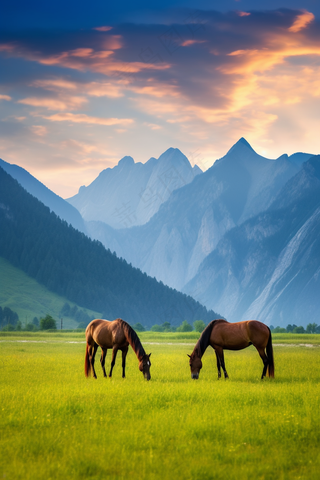新疆美景骏马草原吃草放牧草原高原山脉摄影图