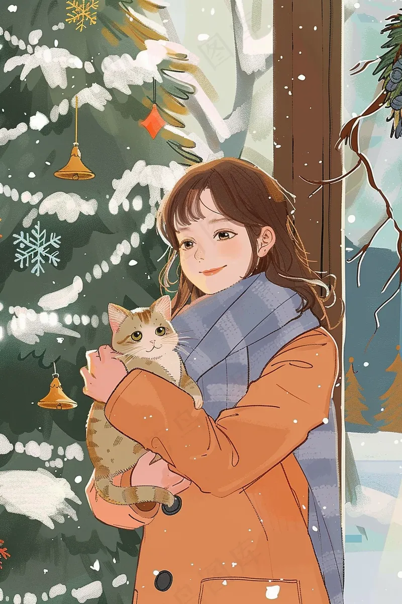 在咖啡馆外抱着猫咪的知性女孩圣诞插画背景(2688x4032)