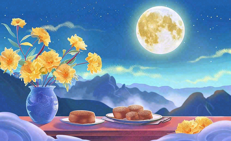 中秋夜晚赏月月饼饮茶黄花菊花桂花国风插画背景(1408x864)