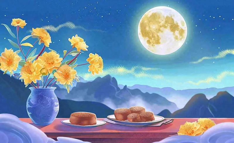 中秋夜晚赏月月饼饮茶黄花菊花桂花国风插画背景(1408x864)