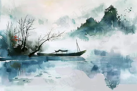水墨山水画小船河面山川连绵国画插画背景