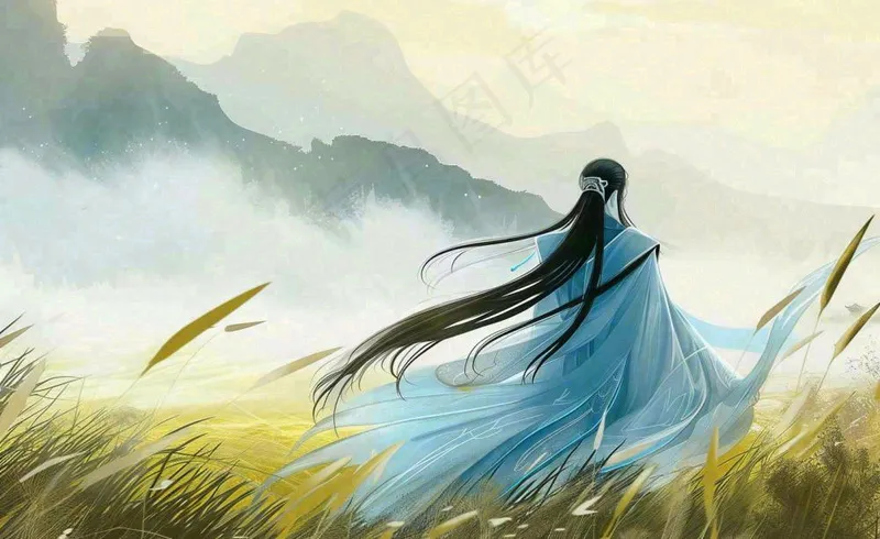 古风小清新手绘白露插画山下芦苇与古装男仙侠插画背景(1408x864)