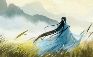 古风小清新手绘白露插画山下芦苇与古装男仙侠插画背景