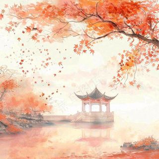 秋天红色枫叶江南水乡凉亭水墨画古风插画背景