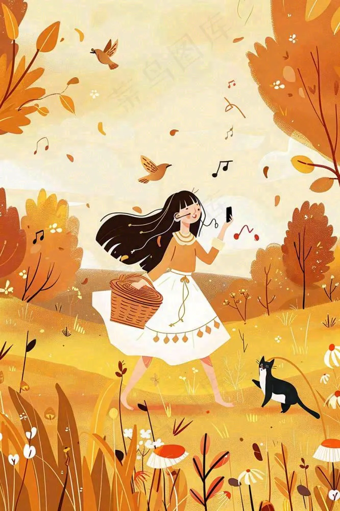 秋游展板梦幻秋景女孩秋游野餐欢乐音乐起舞动物动员立秋秋分卡通插画背景(896x1344)
