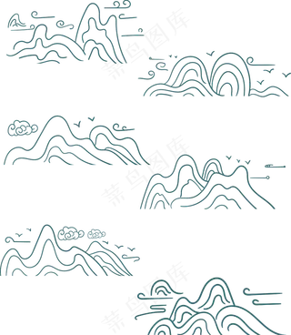山水波浪祥云中式国风线条88免扣素材