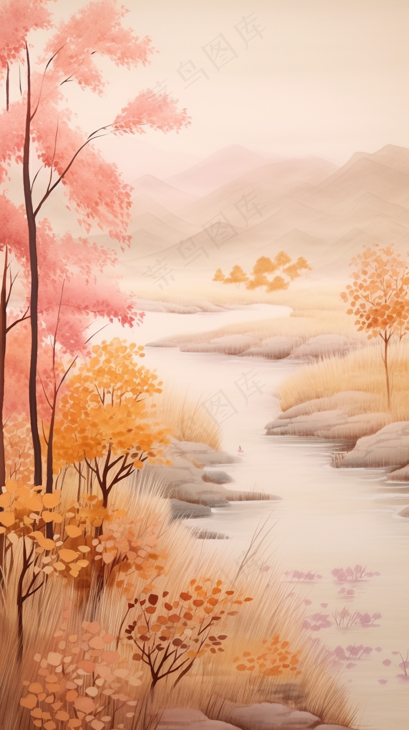 国风山水画河流花草国画水墨画素材背景