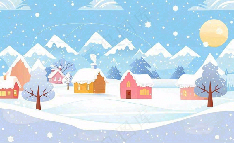 立冬冬至雪山森林山脚下的小镇白雪卡通插画背景(1408x864)