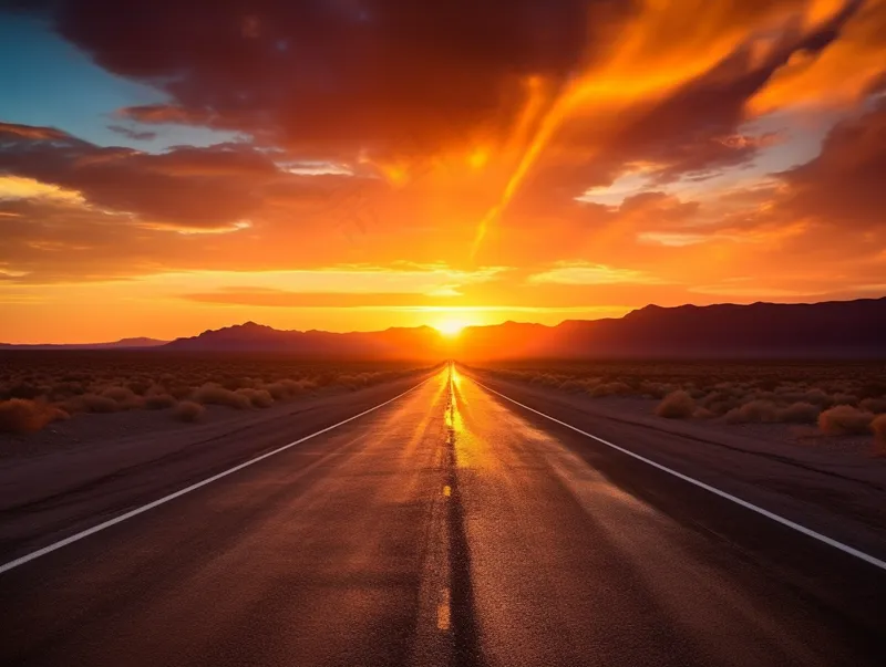 延绵的公路夕阳落日余晖晚霞摄影图(3696x2784)