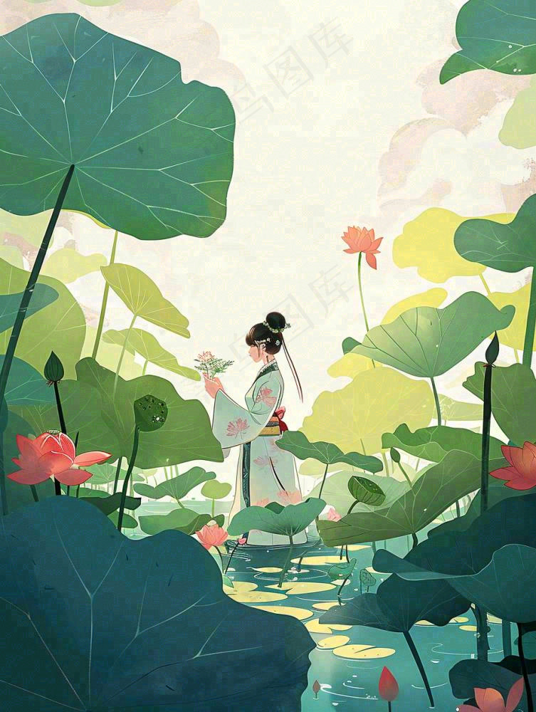 夏天插画风格古装少女在荷花池采莲花唯美夏日清凉小暑立夏夏至大暑插画背景(928x1232)