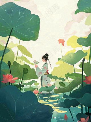 夏天插画风格古装少女在荷花池采莲花唯美夏日清凉小暑立夏夏至大暑插画背景