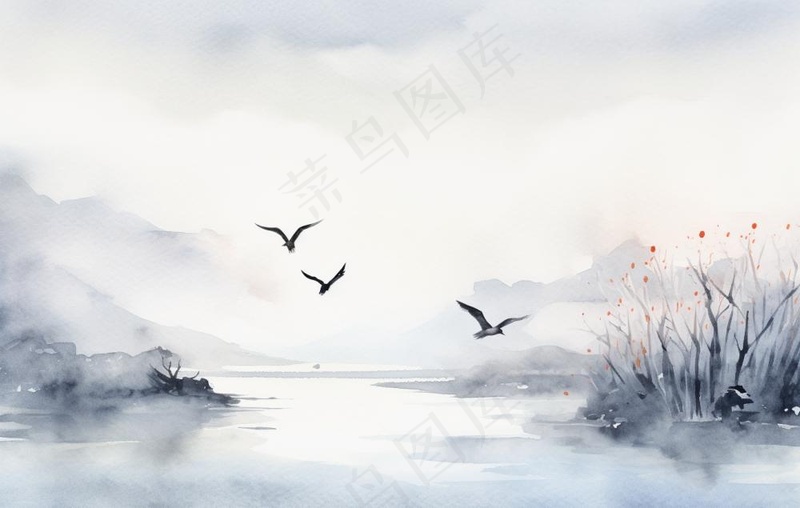 山水水墨画云层山峰中国风插画背景(1360x864)