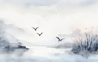 山水水墨画云层山峰中国风插画背景