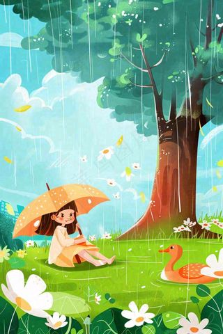 春天户外雨天打雨伞的小女孩坐着地上嬉水春游踏青唯美惊蛰雨水谷雨卡通插画背景