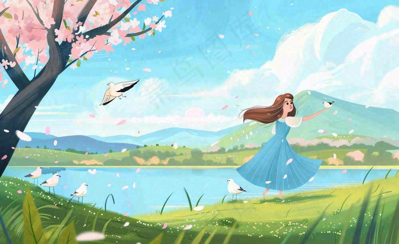 唯美治愈春天女孩踏青旅游立春春分惊蛰卡通插画背景(1408x864)