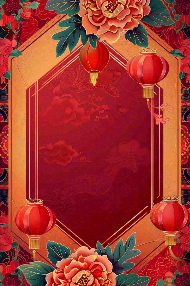 新春新年牡丹花灯笼红色边框剪贴画插画背景