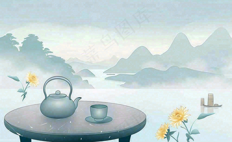 中国山水水墨画菊花饮茶重阳清明寒露插画背景