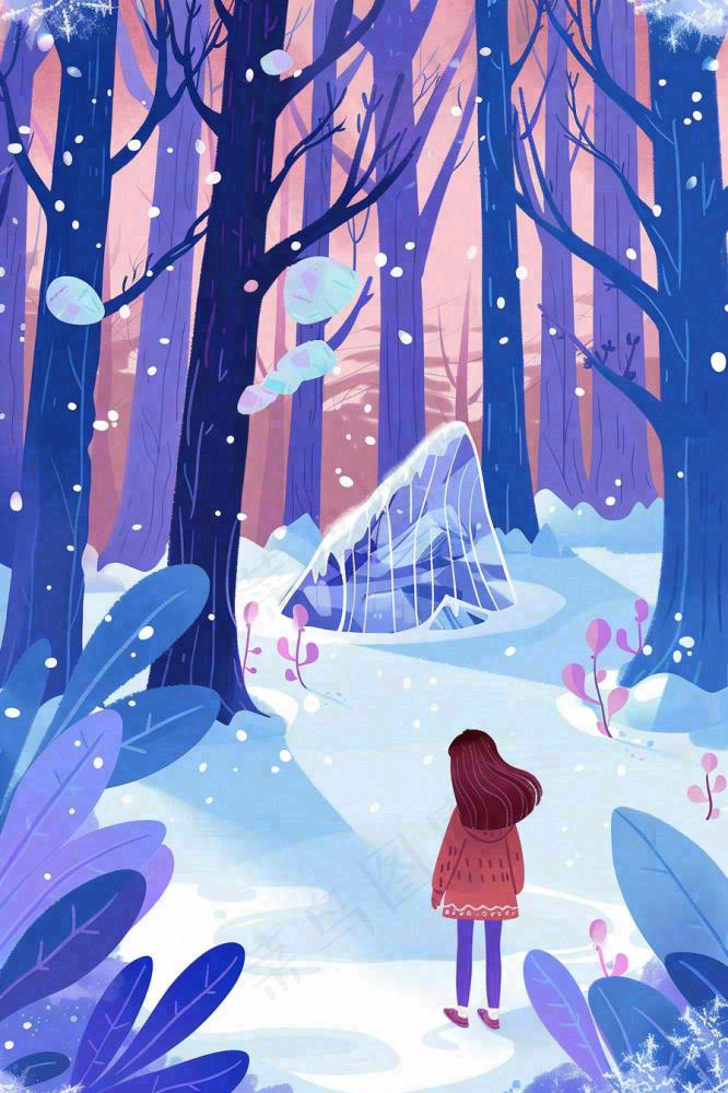 冬天女孩走进白雪下的森林紫色冬至大雪卡通插画背景