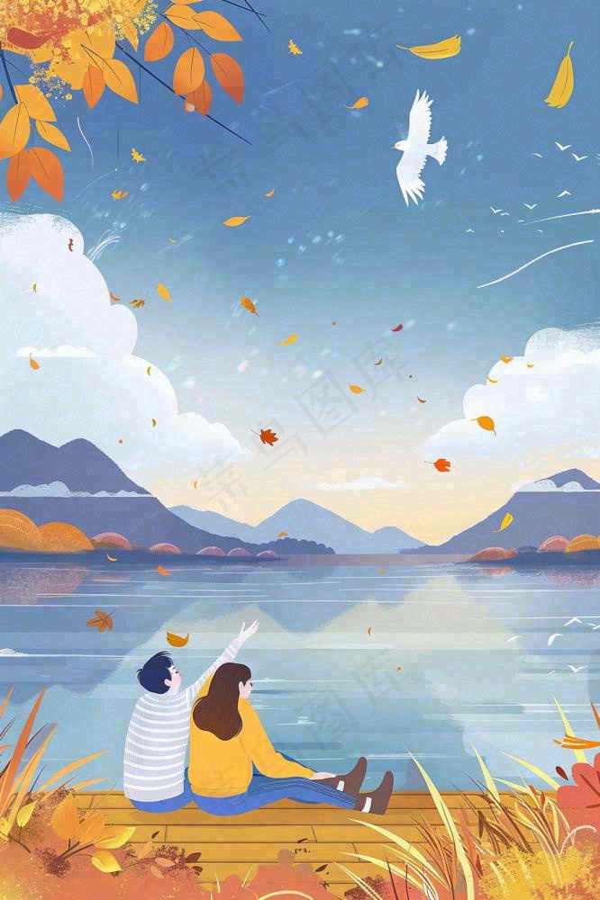 秋天情侣坐着湖边栈道看风景白鹭白露处暑寒露插画背景(896x1344)