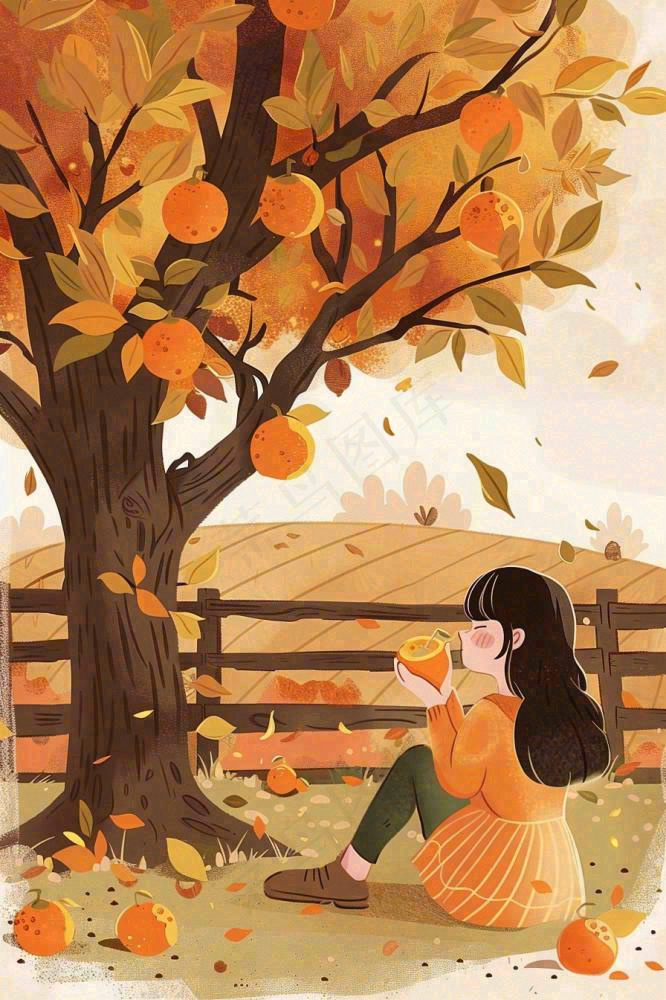 秋天橘子树下的女孩果实果树丰收立秋秋分卡通插画背景