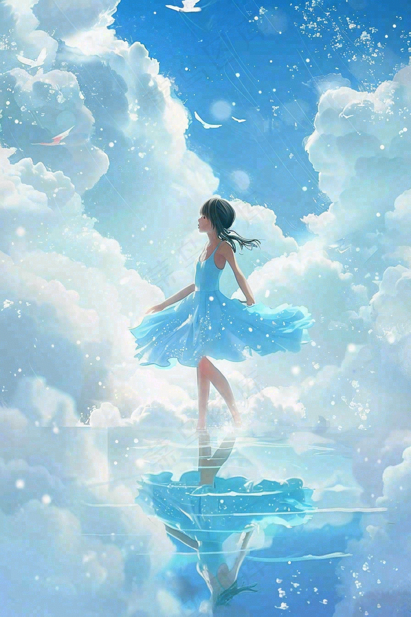 水池中的少女天空之境插画背景(2688x4032)