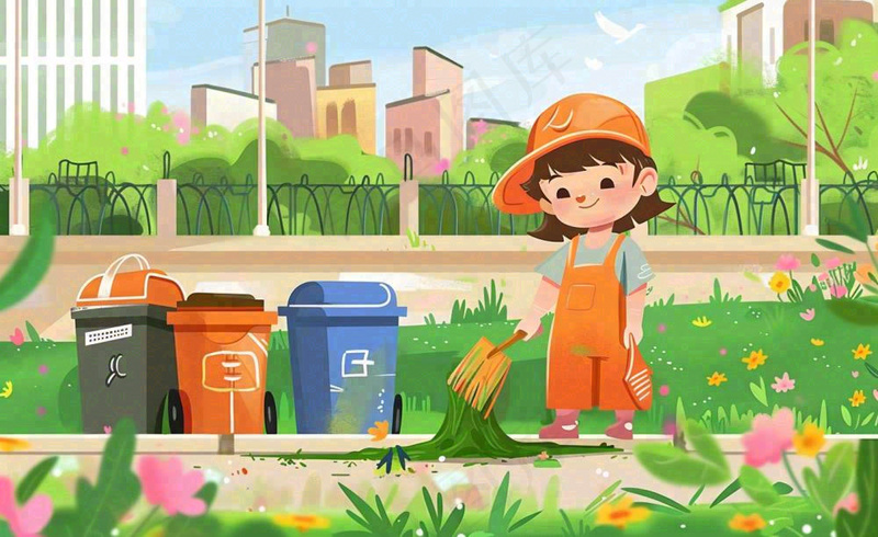 环卫工人清洁街道劳动职业保护环境城市卫生卡通插画背景