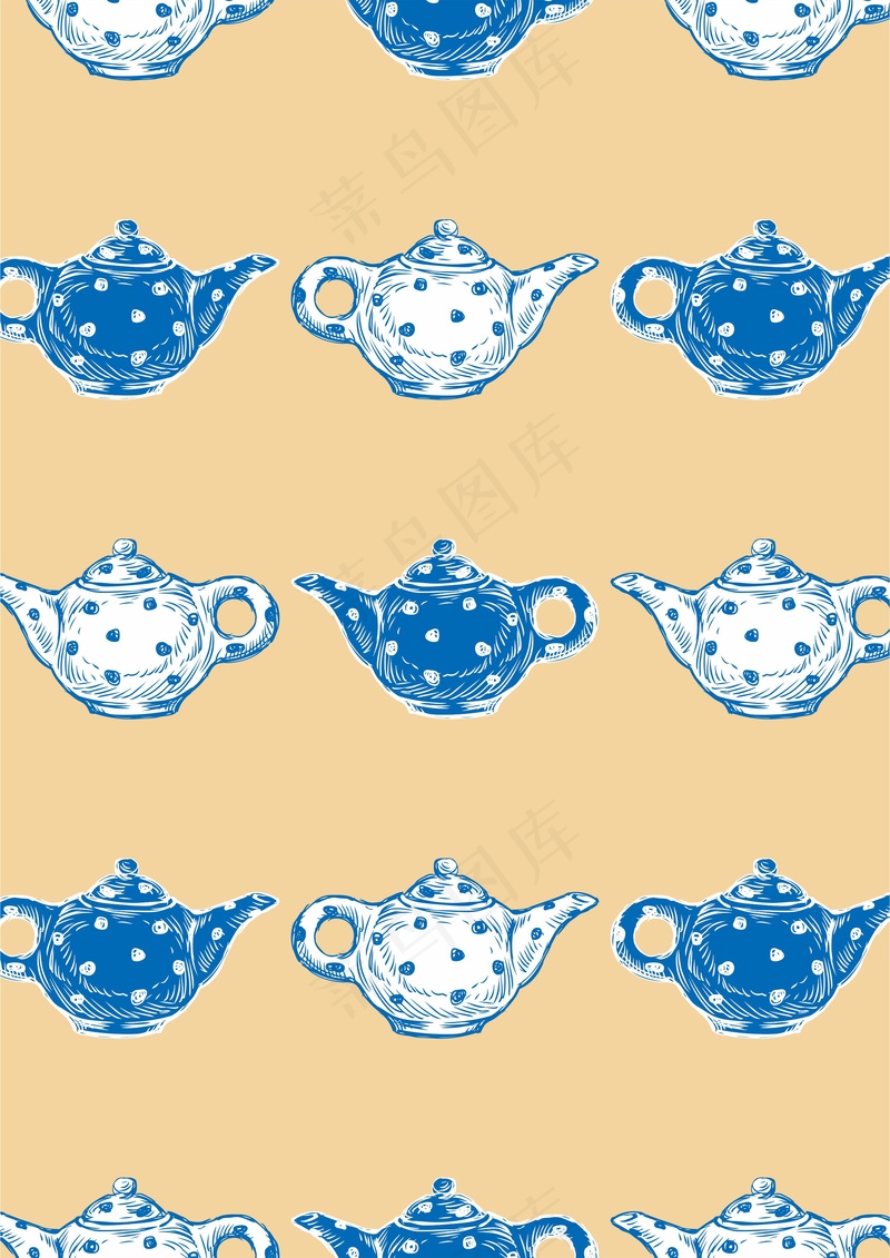 复古蓝色调 茶壶手绘