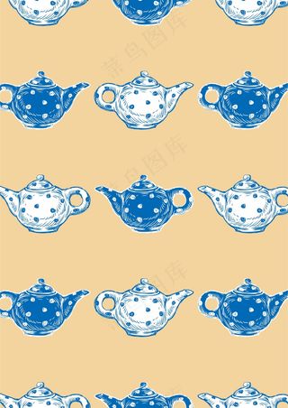复古蓝色调 茶壶手绘